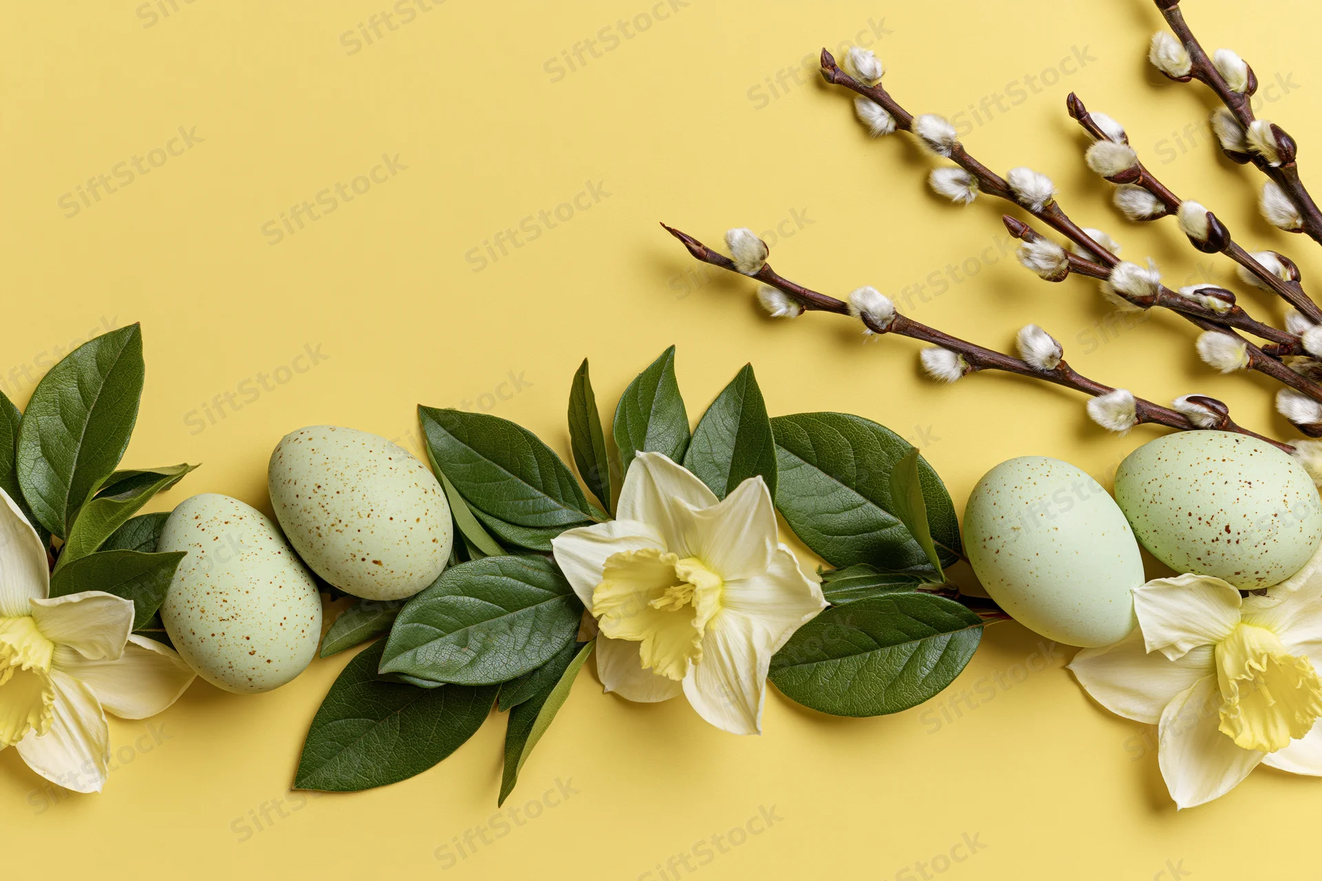 Pastel green speckled easter eggs and daffodils arranged with willow branches and leaves on a yellow background