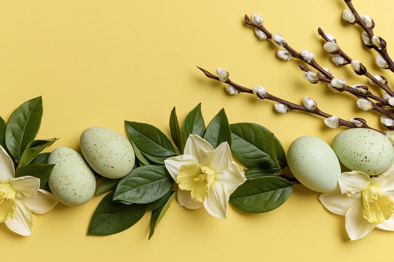Pastel green speckled easter eggs and daffodils arranged with willow branches and leaves on a yellow background