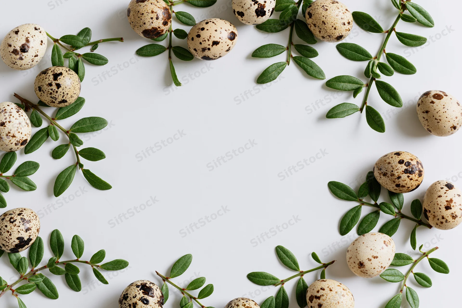 Speckled quail eggs and green leafy branches arranged in a flat lay frame on white background with copyspace