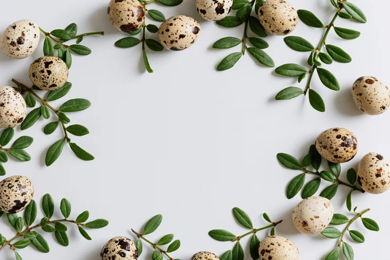 Speckled quail eggs and green leafy branches arranged in a flat lay frame on white background with copyspace