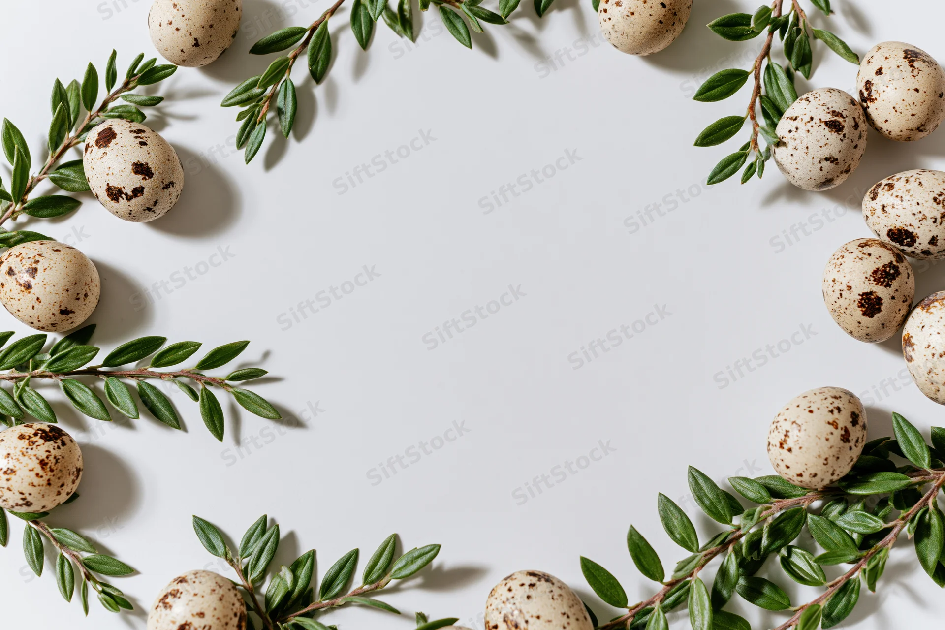 Speckled quail eggs and green leafy branches arranged in a flat lay frame on white background with copyspace