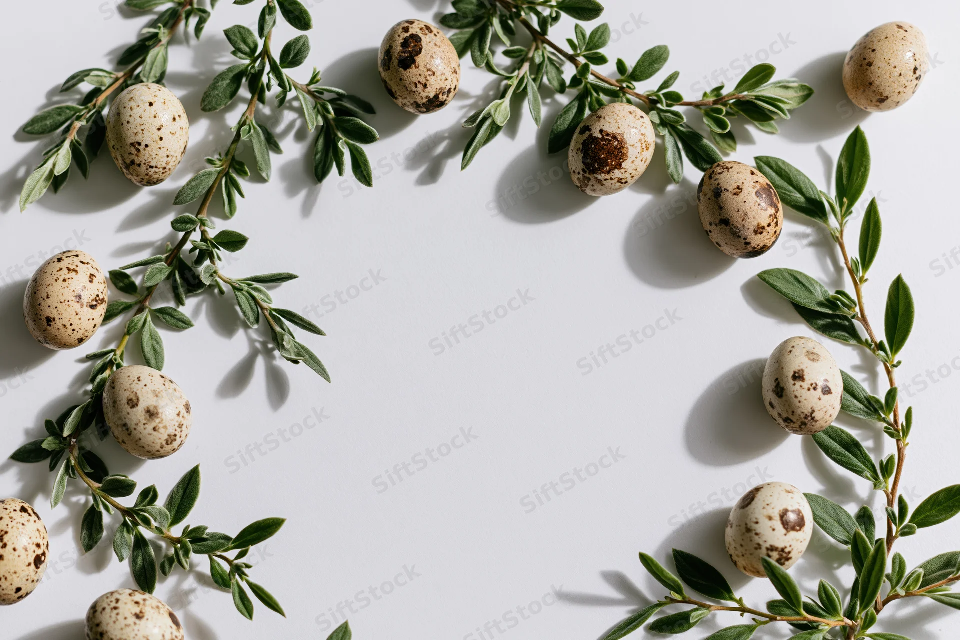 Speckled quail eggs and green leafy branches arranged in a flat lay on a white surface with copyspace