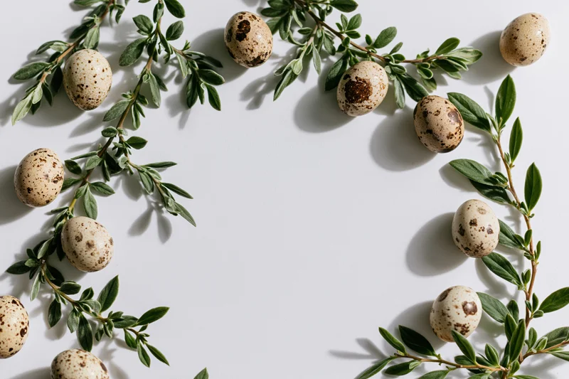 Speckled quail eggs and green leafy branches arranged in a flat lay on a white surface with copyspace