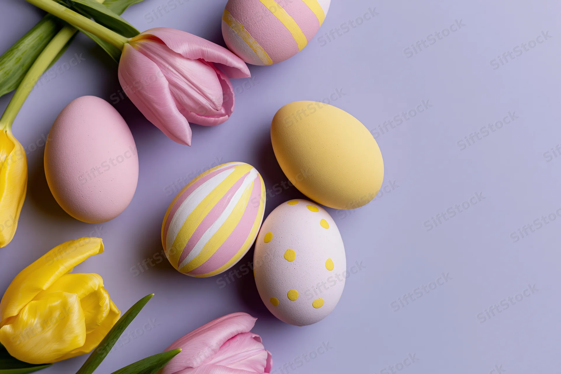 Easter eggs and tulips arranged in a flat lay on a purple surface with copyspace