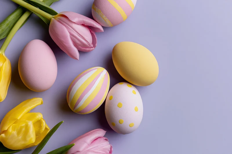 Easter eggs and tulips arranged in a flat lay on a purple surface with copyspace
