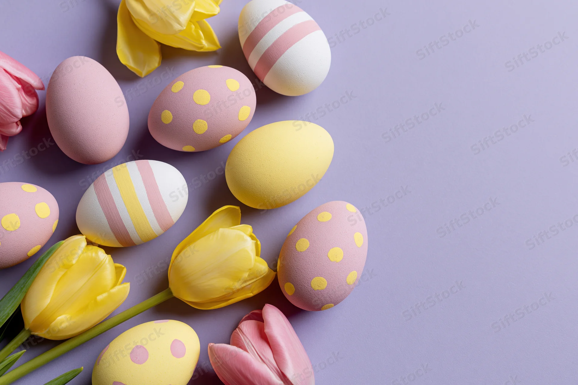 Easter eggs and tulips arranged in flat lay on purple background with copyspace