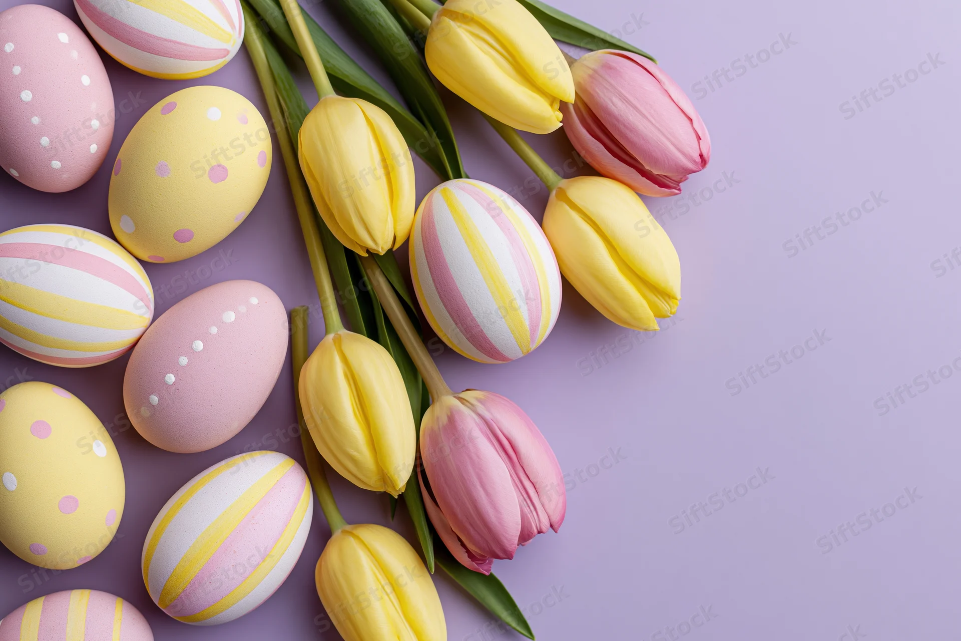 Easter eggs and tulips arranged in a flat lay on a pastel purple background with copyspace