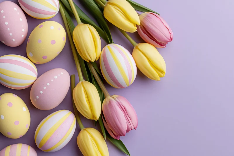 Easter eggs and tulips arranged in a flat lay on a pastel purple background with copyspace