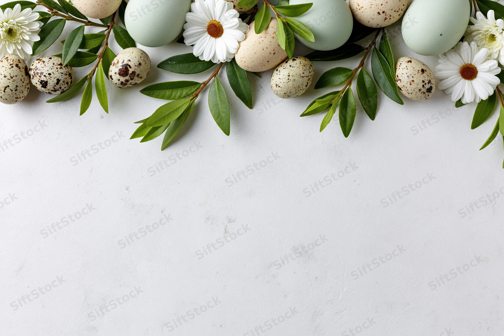 Flat lay of easter eggs and white daisies with green leaves arranged along top edge on white surface