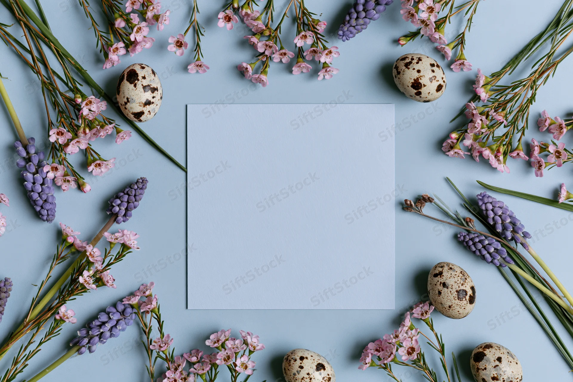 Blank pale blue square card centered on light blue surface surrounded by pink and purple flowers and speckled quail eggs in flat lay arrangement