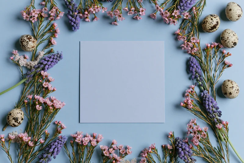 Blank pale blue square card centered on light blue surface surrounded by floral arrangement and speckled quail eggs in flat lay composition
