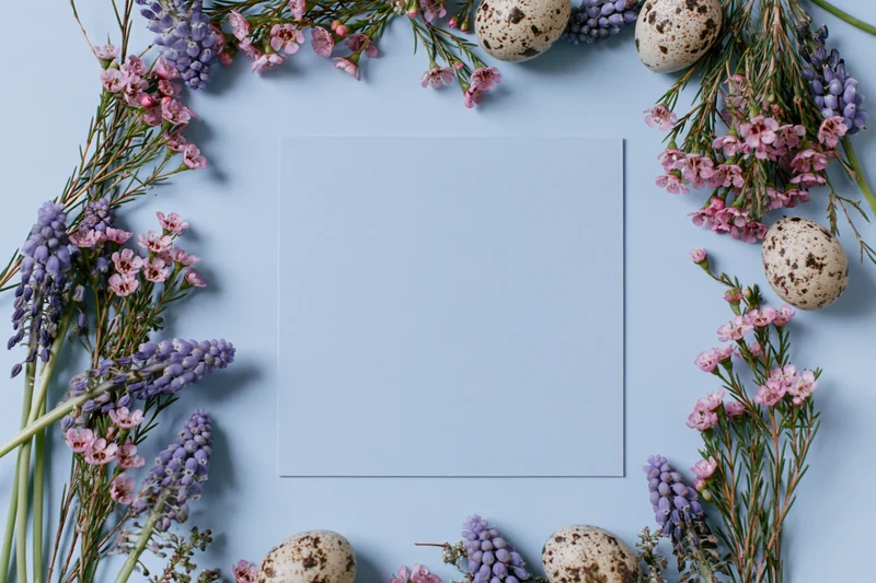 Blank pale blue square card centered on light blue surface surrounded by quail eggs and pink purple flowers arranged in border