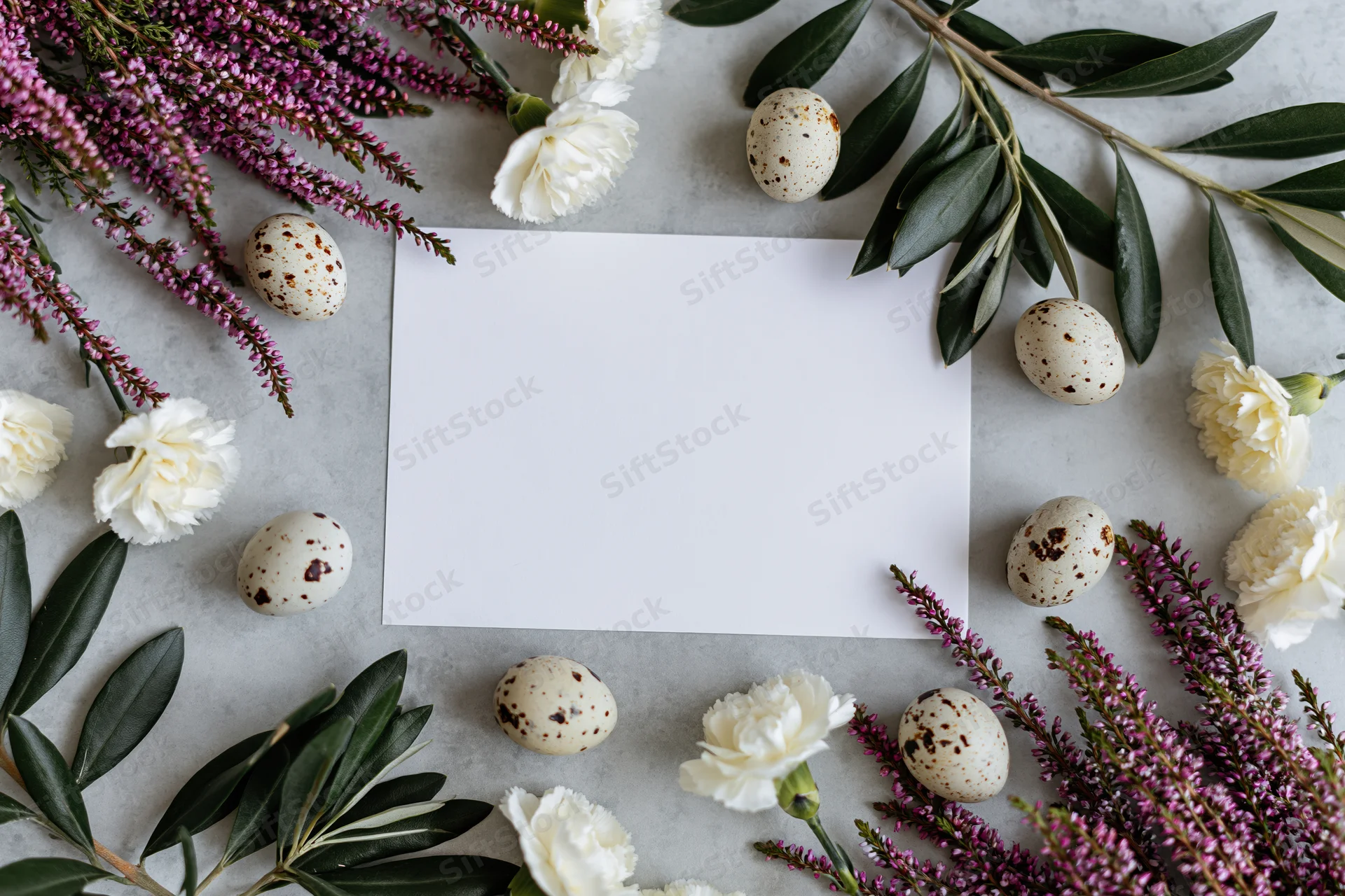 Blank white card centered on light grey surface surrounded by quail eggs, white carnations, purple heather, and olive leaves in flat lay arrangement