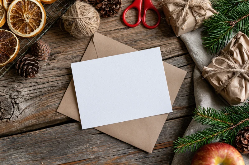 Blank white card on kraft envelope with christmas decorations on wooden surface