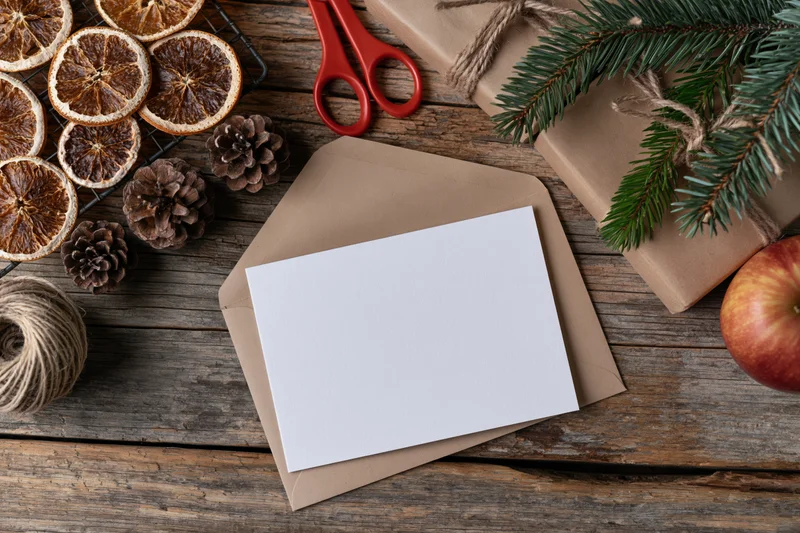Flat lay of a white card resting on a kraft paper envelope