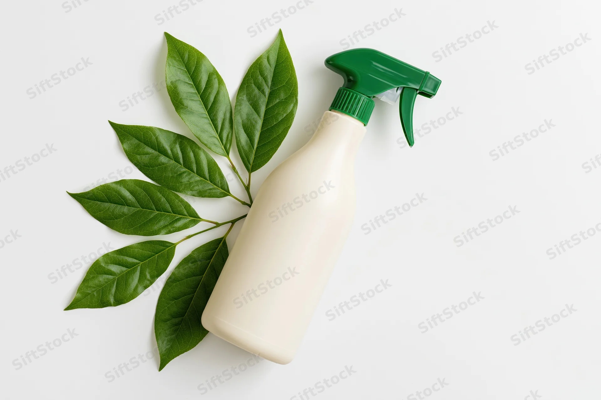 Cream-colored plastic spray bottle with green trigger and leaves arranged in flat lay on white background
