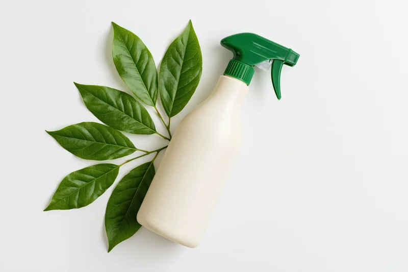 Cream-colored plastic spray bottle with green trigger and leaves arranged in flat lay on white background