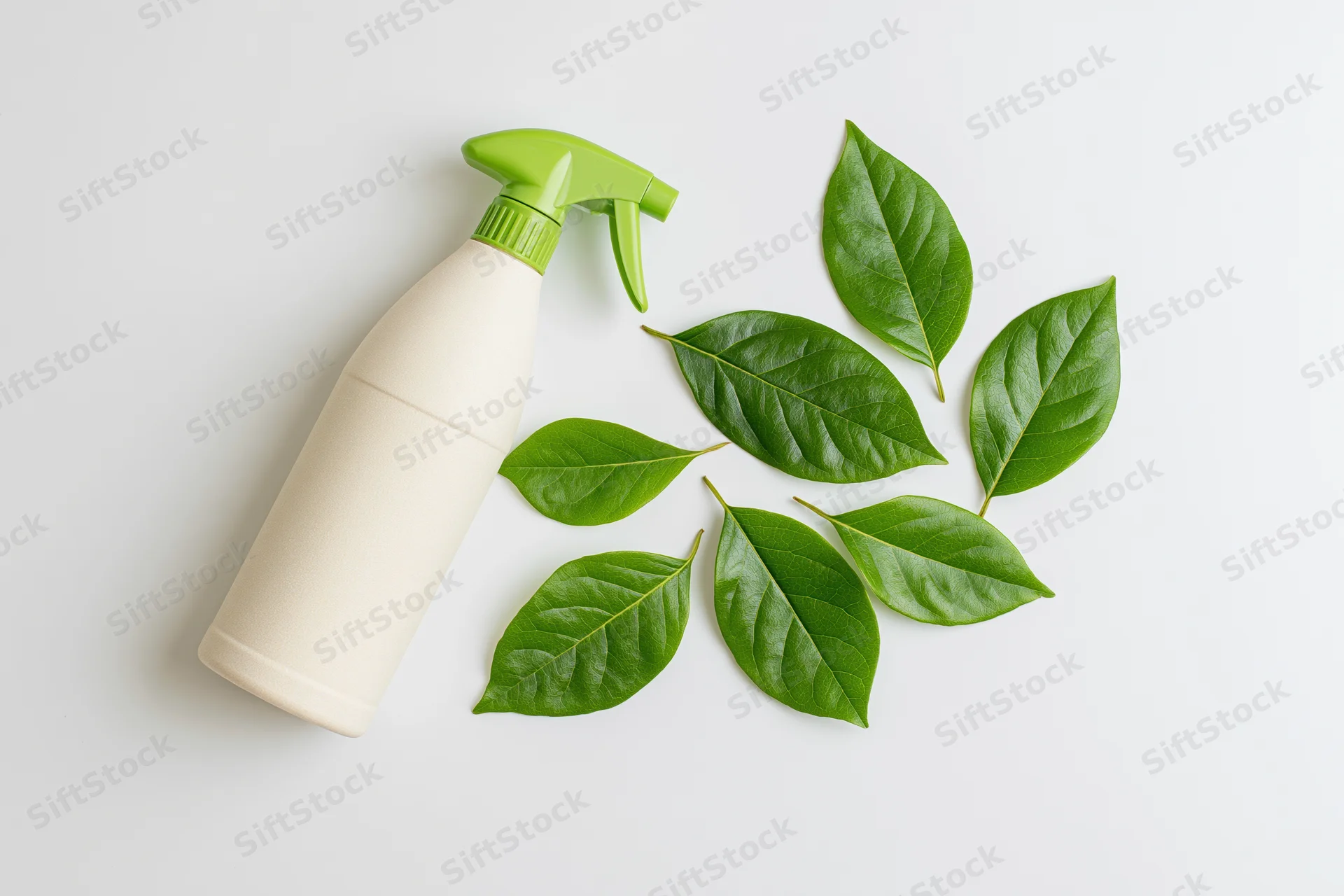 Cream-colored plastic spray bottle with green nozzle and fresh green leaves arranged in flat lay on white surface