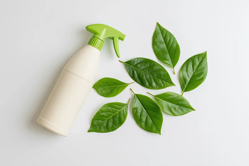Cream-colored plastic spray bottle with green nozzle and fresh green leaves arranged in flat lay on white surface