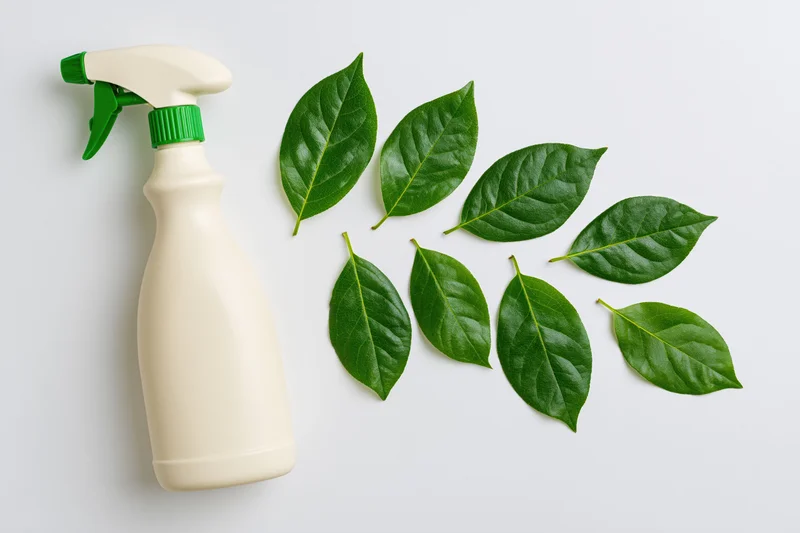 Cream-colored plastic spray bottle with green nozzle and cap arranged flat on white surface beside scattered green leaves