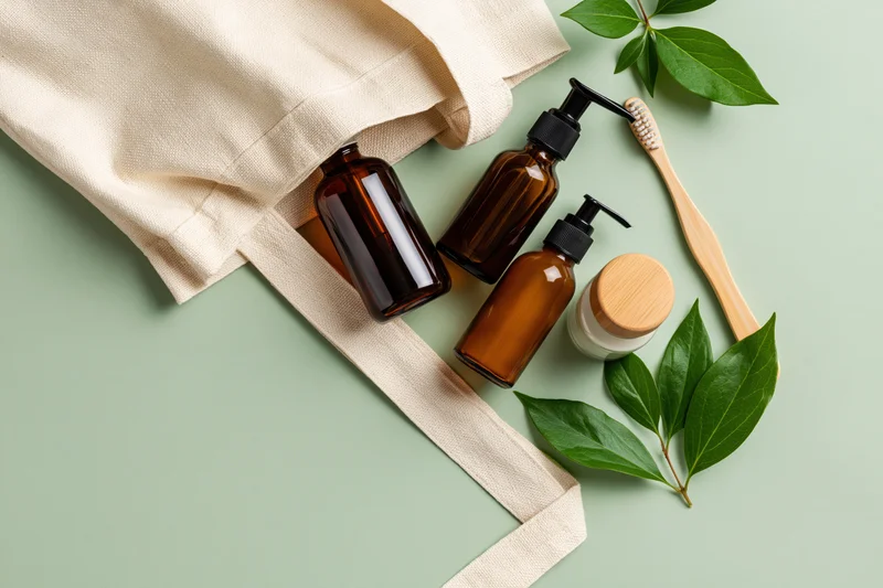 Cream canvas tote bag spilling out amber glass skincare bottles, bamboo toothbrush, and green leaves on a light green surface