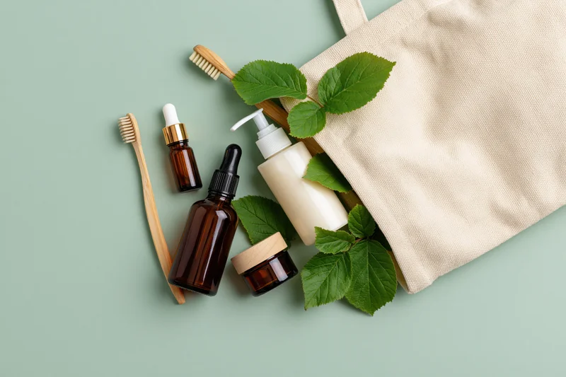 Cream canvas tote bag spilling out natural skincare products and bamboo toothbrushes on green background