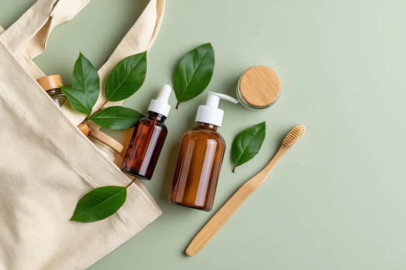 Cream canvas tote bag spilling out natural skincare products and bamboo toothbrush on green surface