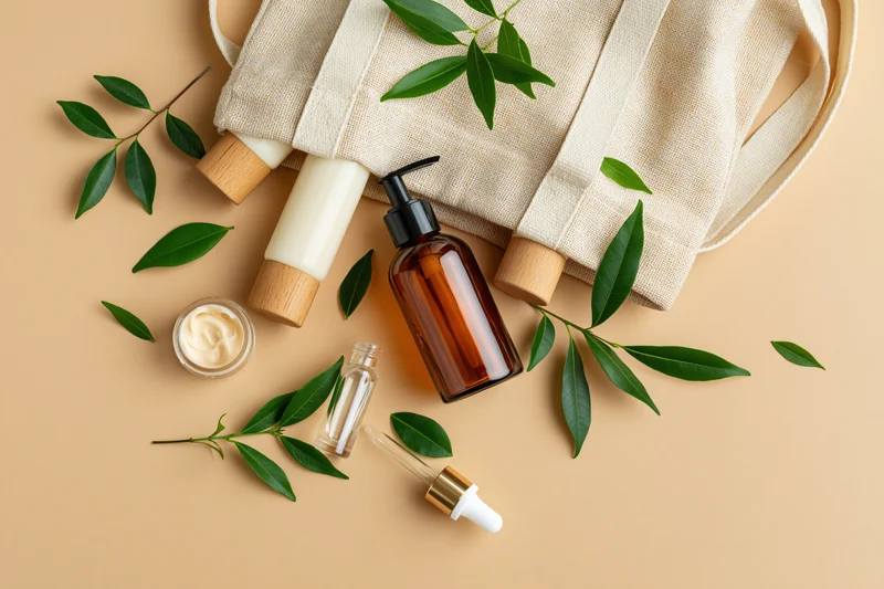 Flat lay of skincare products with green leaves and a canvas tote bag on beige background