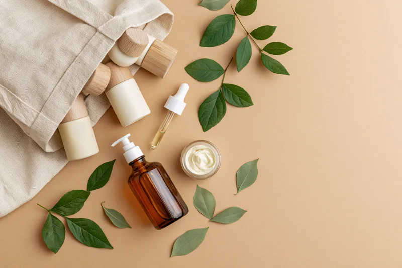 Cream canvas tote bag with wooden-capped skincare bottles and green leaves arranged in flat lay on beige surface