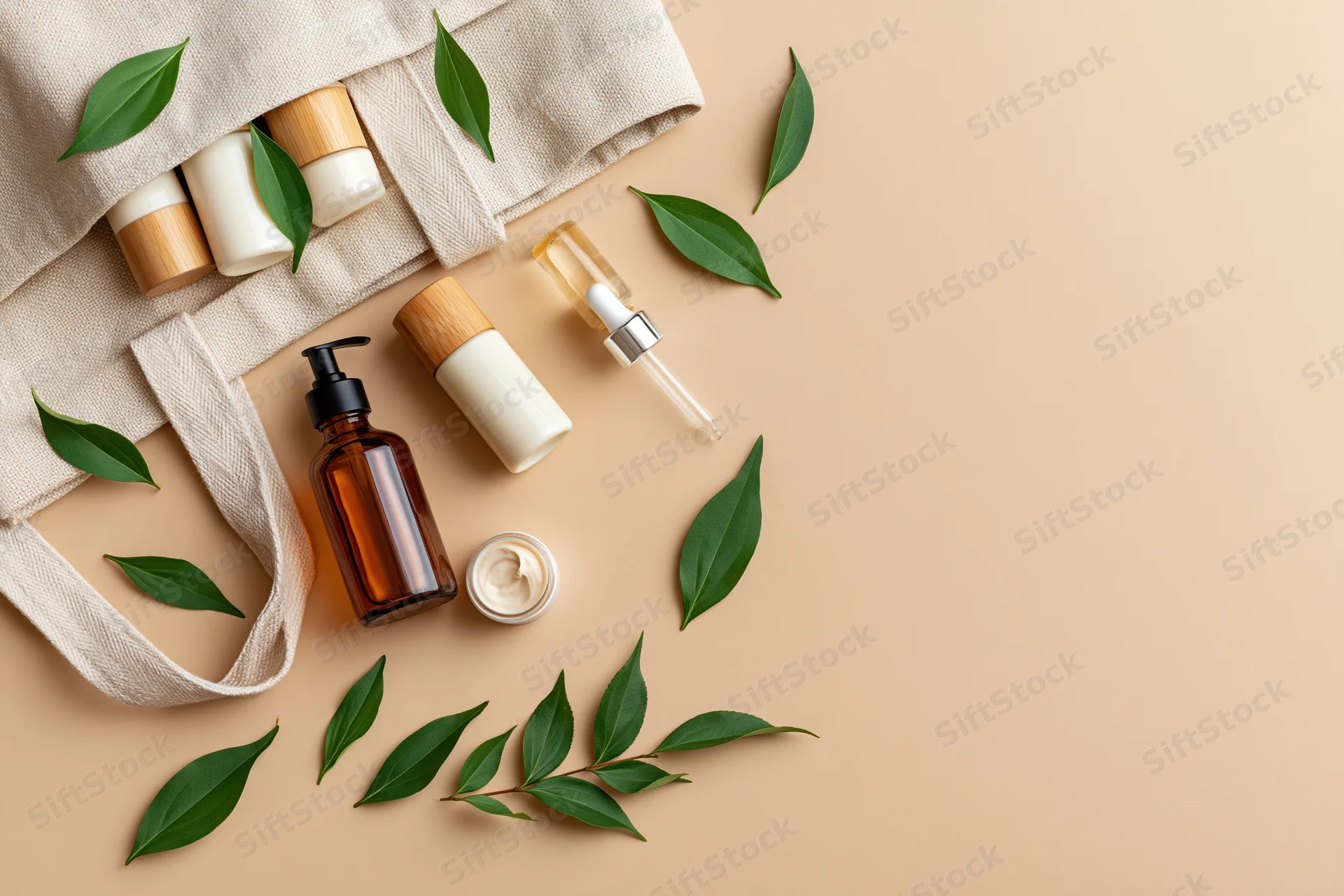 Cream canvas tote bag with wooden-capped skincare bottles and green leaves arranged in flat lay on beige surface