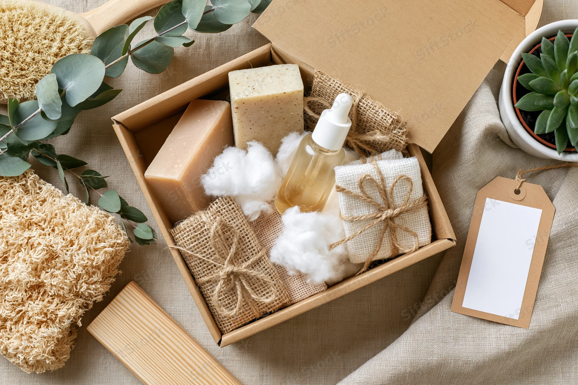 Open kraft subscription box filled with natural skincare products arranged on fabric with plants and accessories