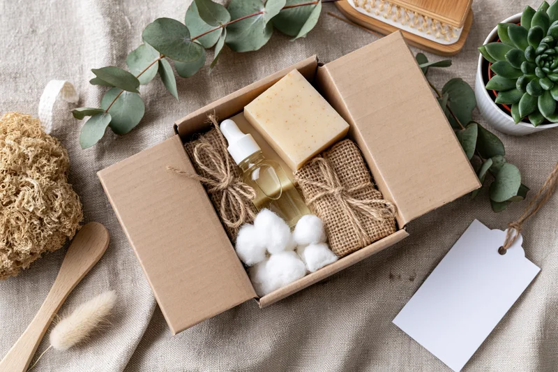 Open kraft cardboard subscription box filled with natural skincare products arranged on a linen cloth with greenery and a blank tag