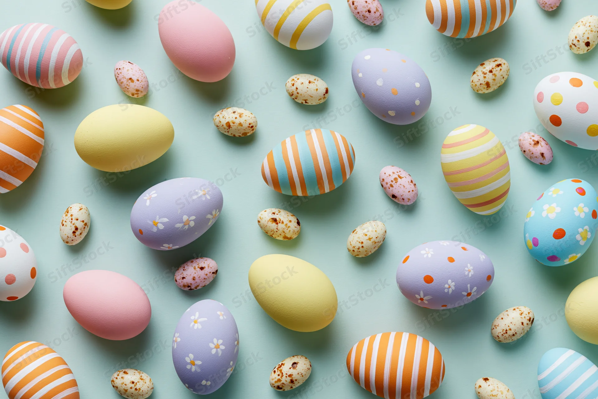 Assorted decorated easter eggs and small speckled candy eggs arranged in flat lay on mint background