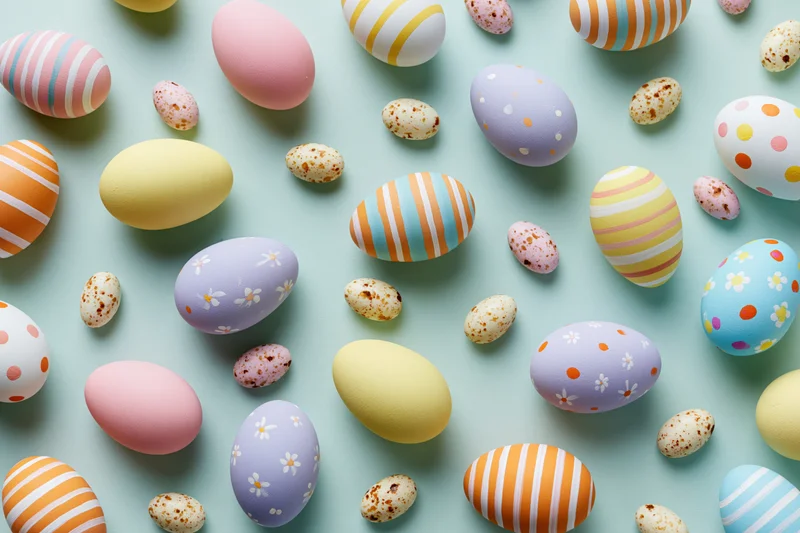 Assorted decorated easter eggs and small speckled candy eggs arranged in flat lay on mint background