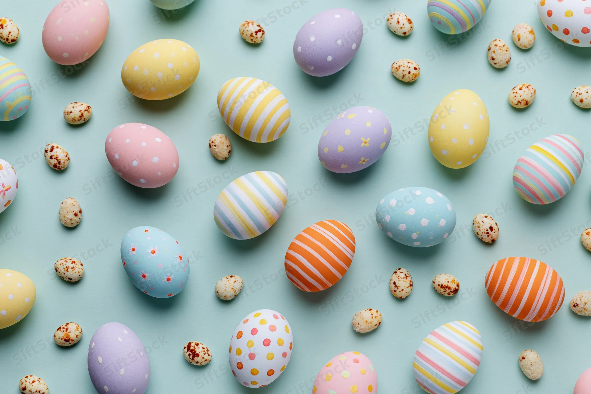 Assorted decorated easter eggs and small speckled candy eggs arranged in flat lay on mint background