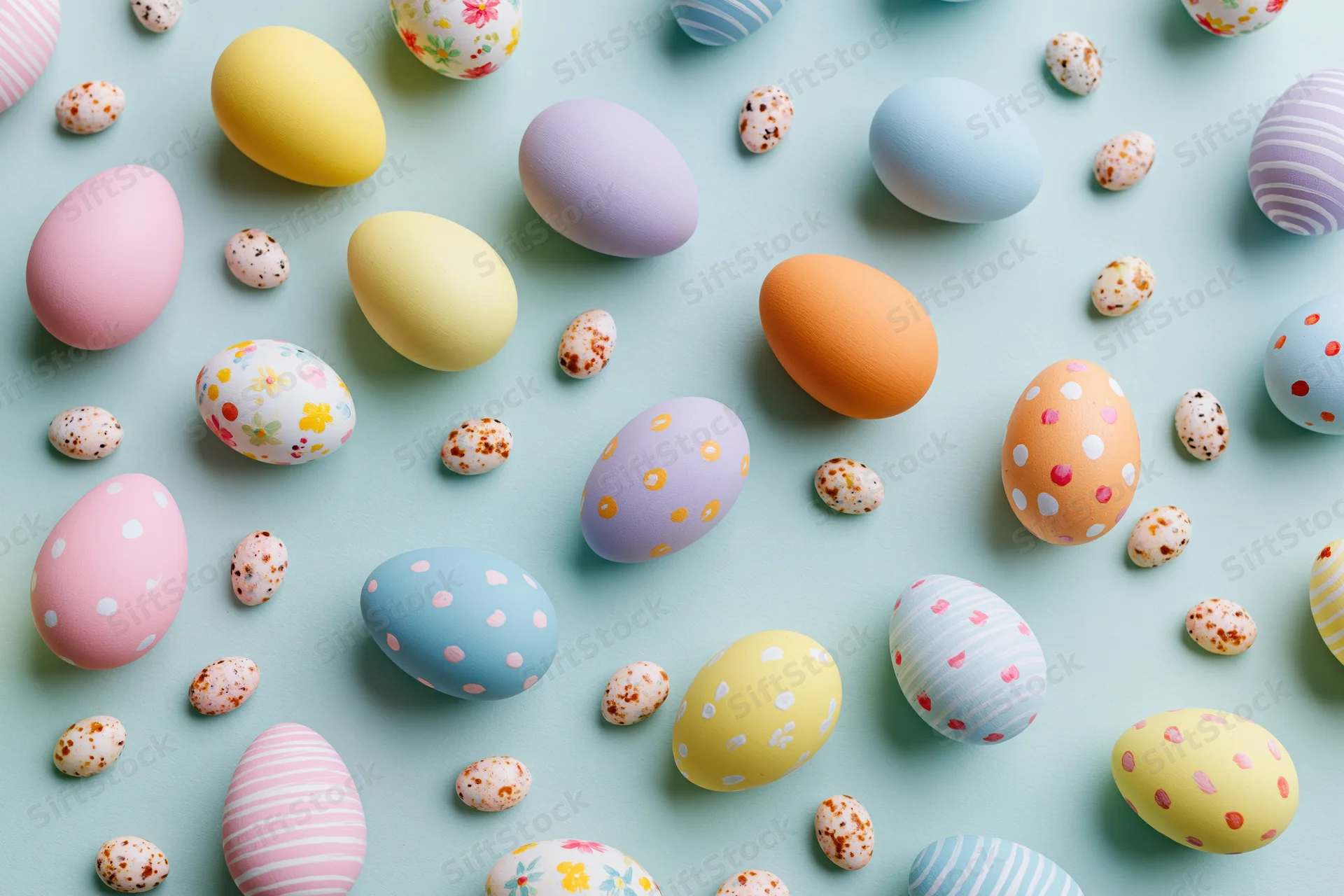 Assorted decorated Easter eggs and small speckled candy eggs arranged in flat lay on pastel blue background
