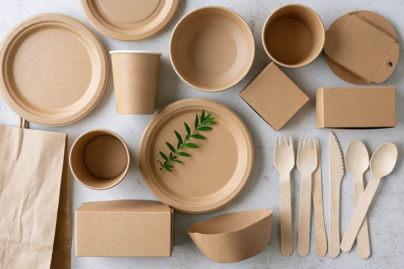 Flat lay of kraft paper disposable tableware and packaging arranged on light surface with green leaf accent