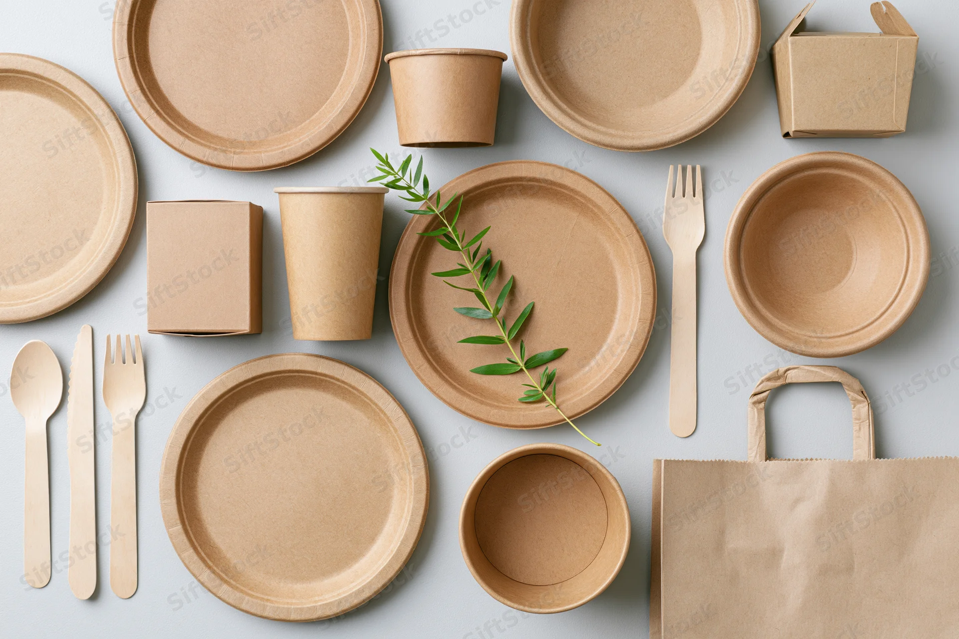 Flat lay of kraft paper disposable tableware and packaging arranged on light surface with green leaf accent