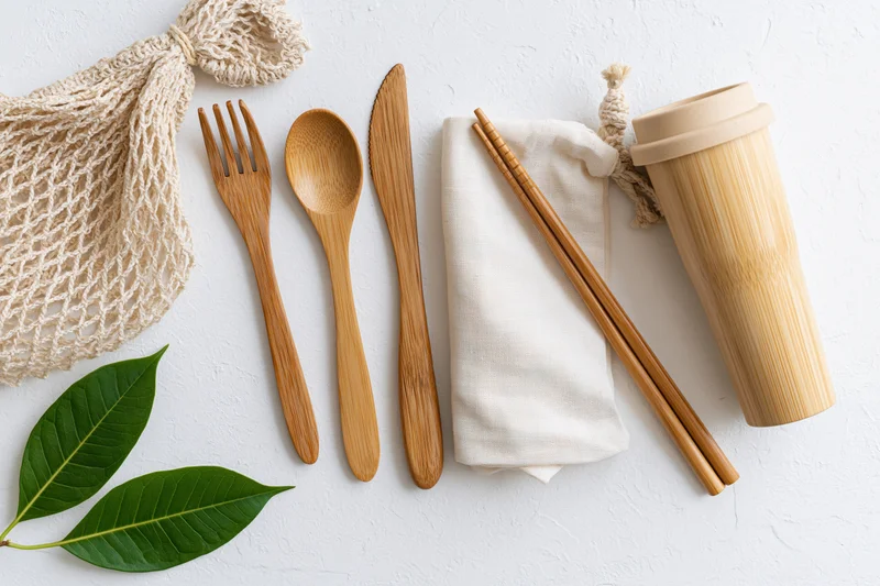 Bamboo cutlery set arranged flat on white surface with cloth napkin and green leaves