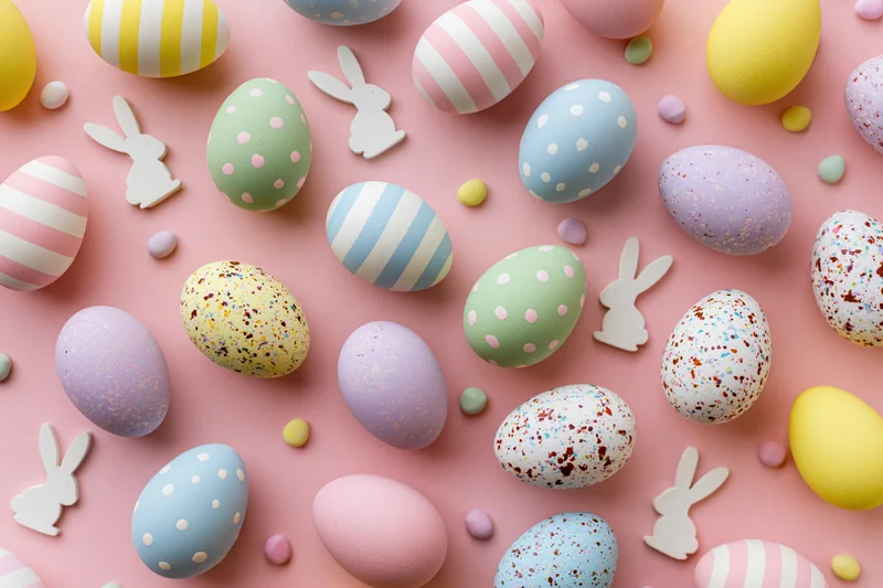 Colorful pastel easter eggs with striped polka dot and speckled patterns arranged in flat lay on pink surface with bunny cutouts