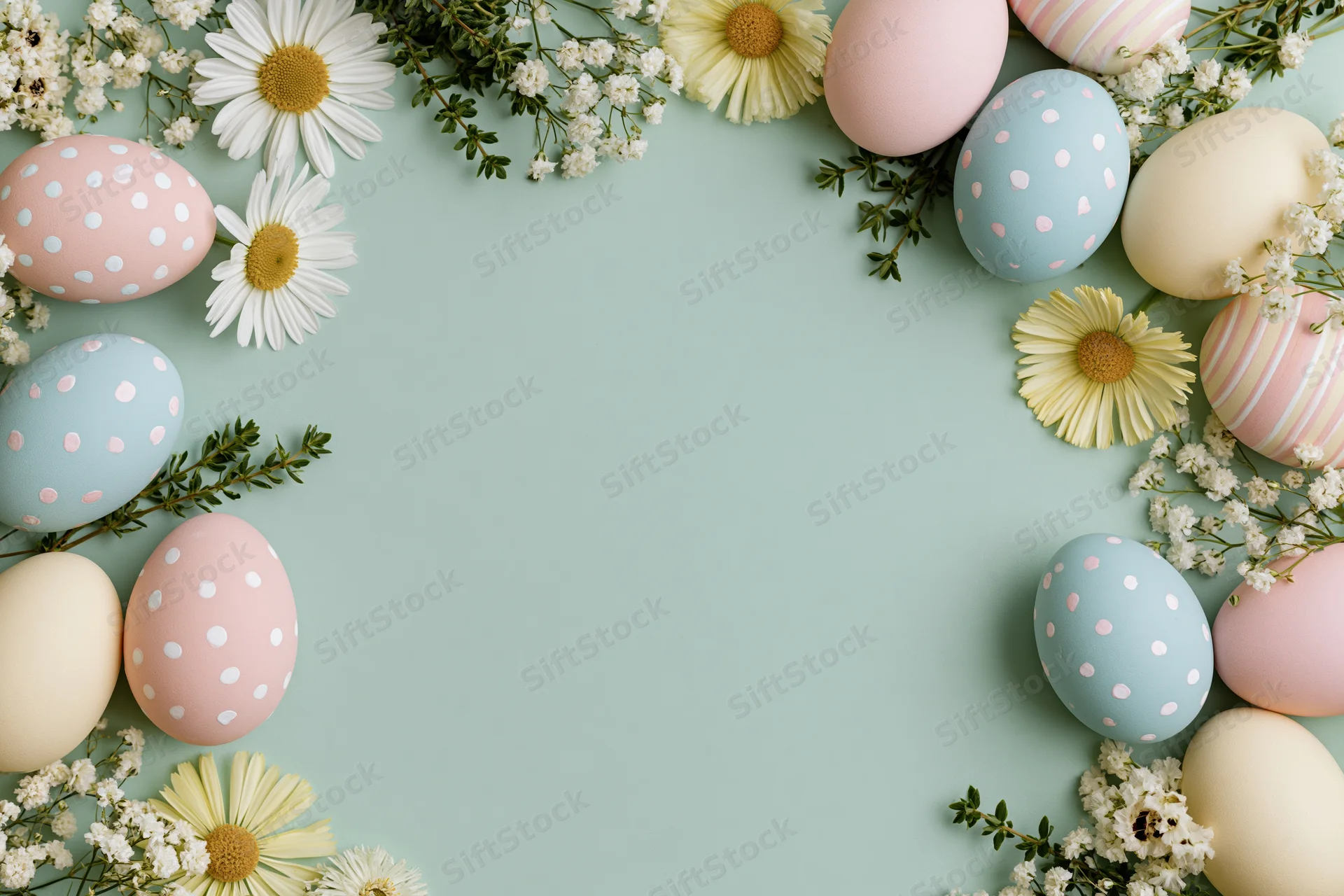 Decorated easter eggs and spring flowers arranged in a flat lay frame on a pastel background with copyspace