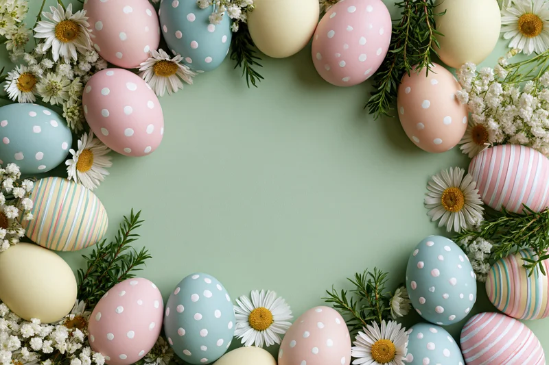 Decorated easter eggs and spring flowers arranged in a flat lay frame with copyspace on a green background