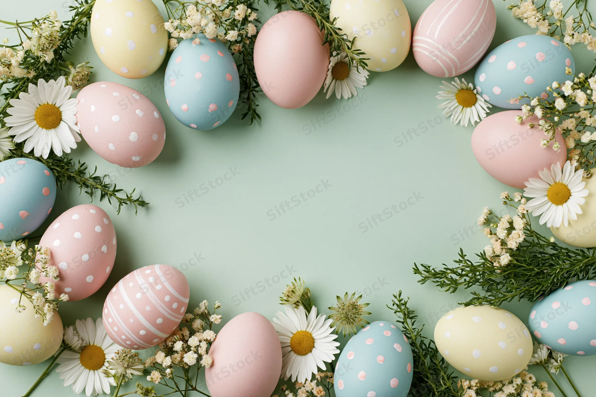 Decorated easter eggs and spring flowers arranged in a flat lay with copyspace on a mint background