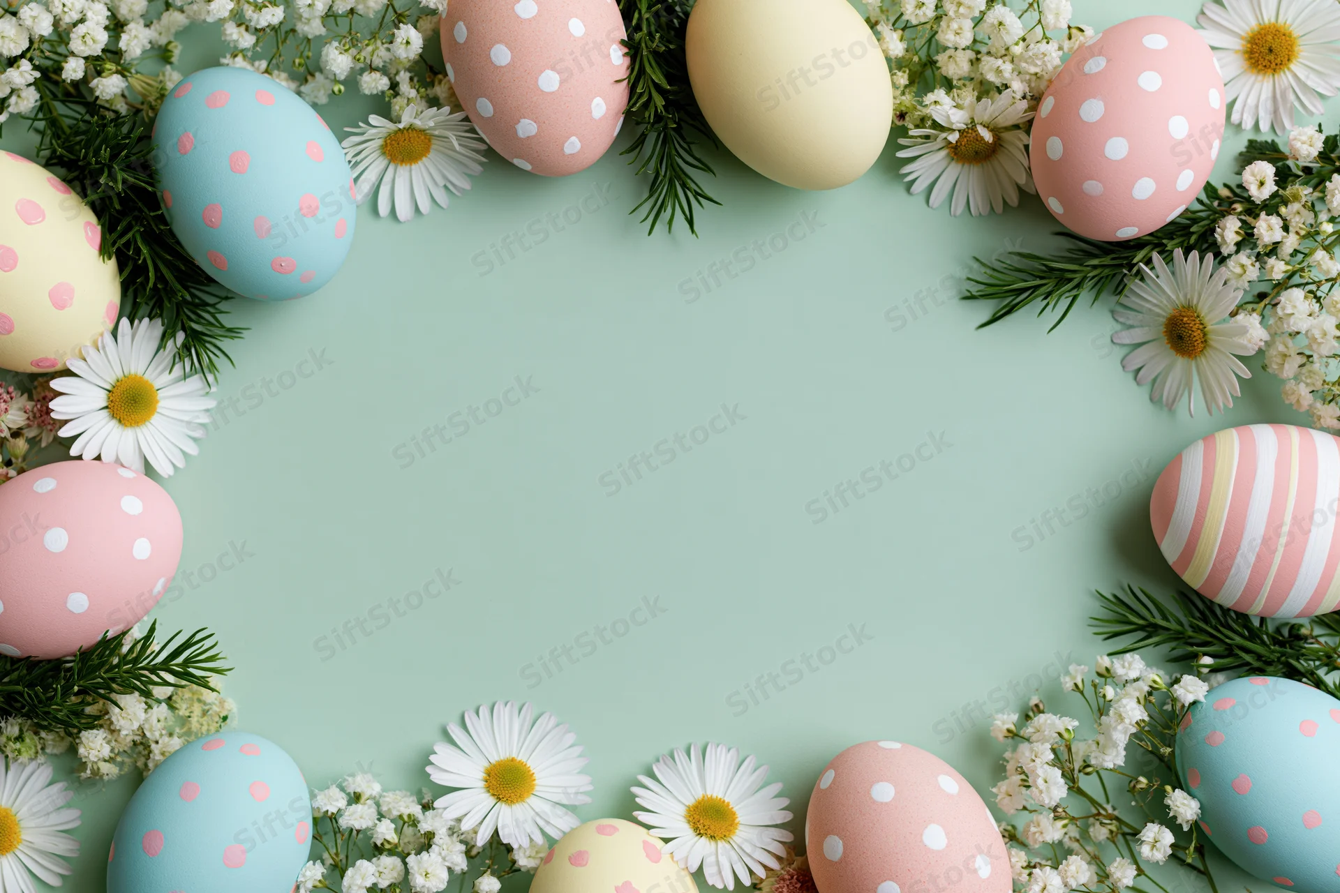 Decorated easter eggs and spring flowers arranged in a flat lay frame with copyspace on a pastel green background