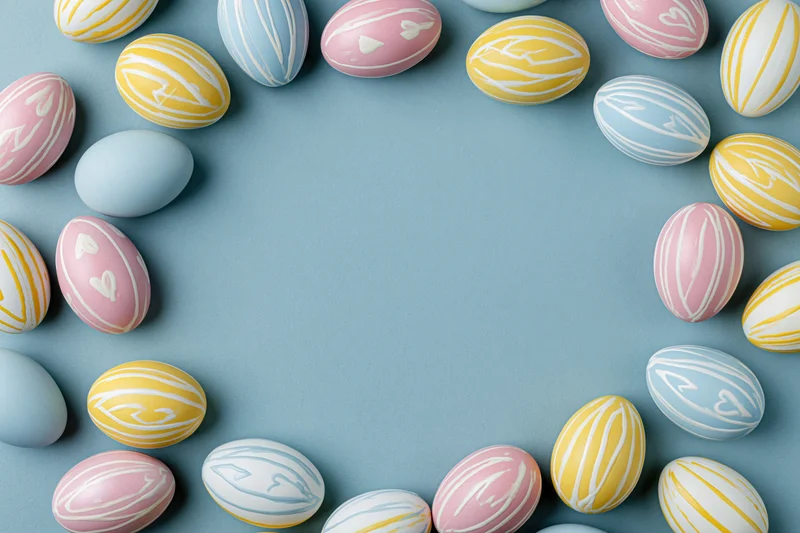 Decorated easter eggs arranged in a loose frame on a blue surface with copyspace in the center