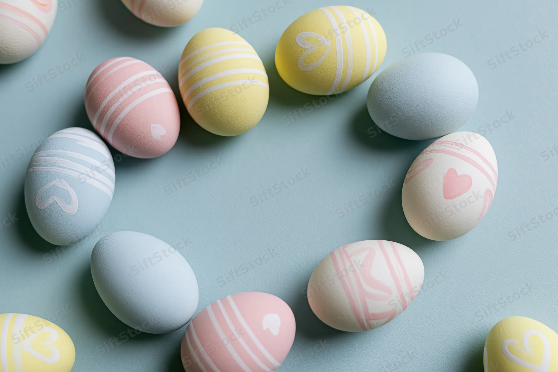 Decorated easter eggs arranged in a loose frame on a pastel blue surface