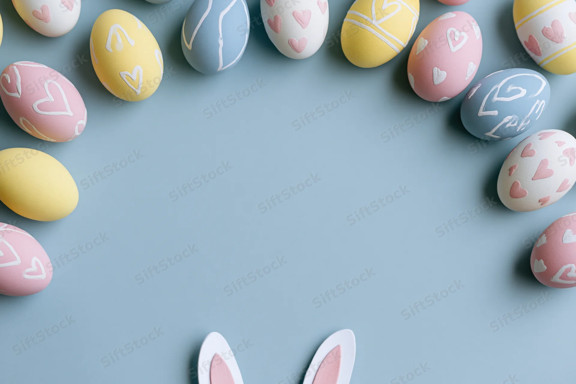 Decorated easter eggs in pastel colors arranged in a frame with bunny ears and copyspace in center