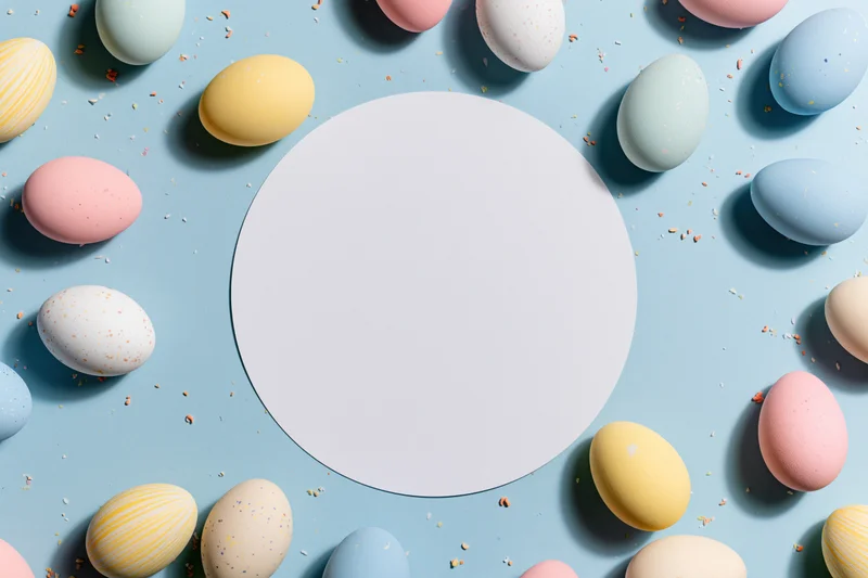 Decorated easter eggs arranged in a flat lay around a central white circle on a pastel blue surface