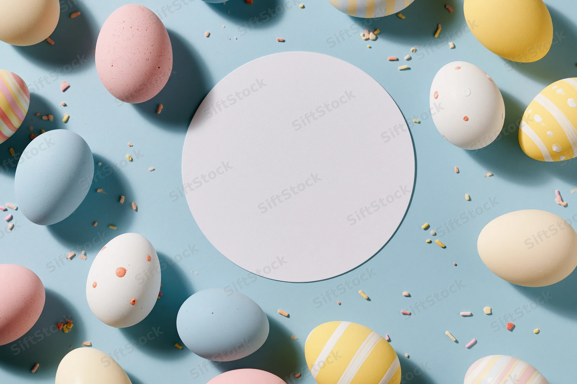 Decorated easter eggs arranged in a flat lay with pastel colors and sprinkles on a blue background, featuring a central white circular copyspace