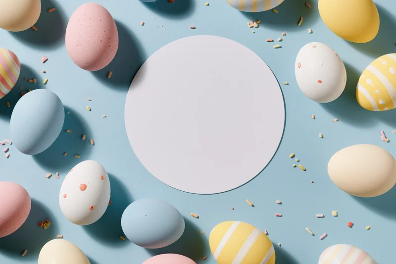 Decorated easter eggs arranged in a flat lay with pastel colors and sprinkles on a blue background, featuring a central white circular copyspace